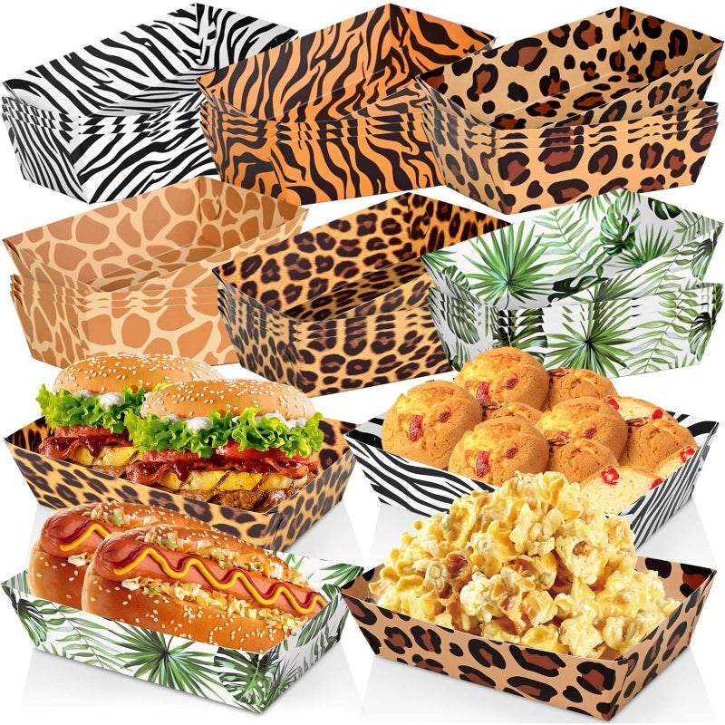 Bolsome 24 Pcs Jungle Safari Animal Party Paper Food Trays Disposable Snack Trays Zoo Theme Print Paper Serving Boats for Fries Nachos Burger Hot Dog Taco BBQ for Wild Animal Jungle Safari Party Decor - Image 1
